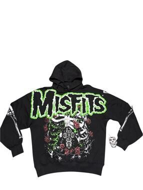 Misfits Black Graphic Hoodie with Skeleton and Roses Design